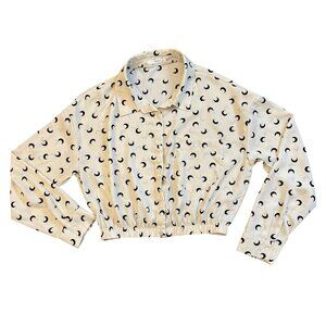 Cresent Moon Crop Top Blouse Long Sleeve Button Up Down by Timing - Small